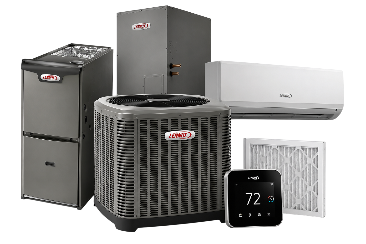 Northwind HVAC equipment lineup — furnace, air handler, condenser, mini-split, thermostat and filter