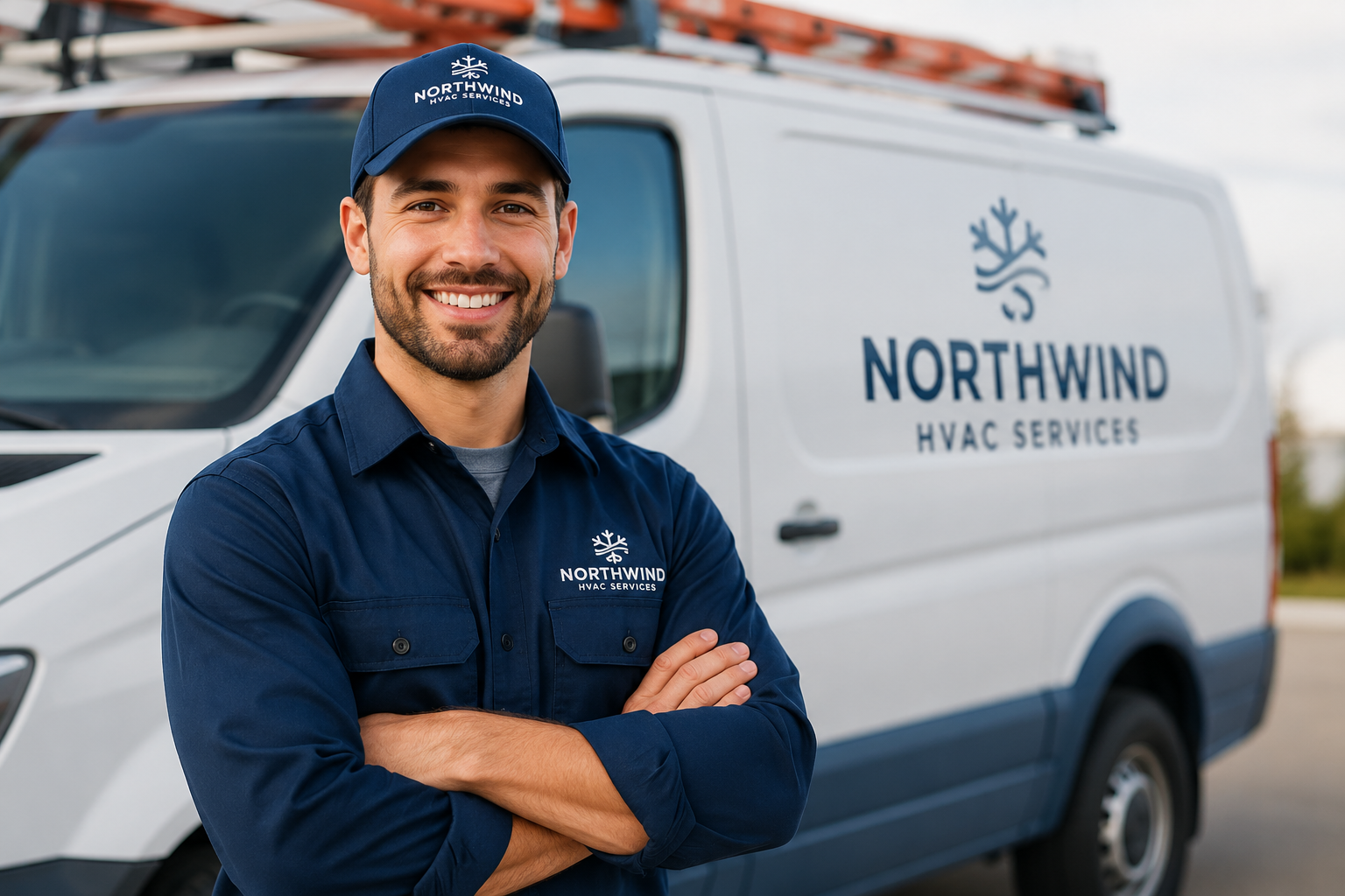 A Northwind technician in front of a branded service van